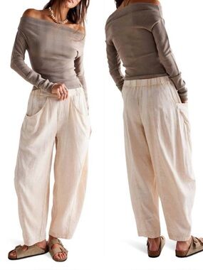 NWT Free People High Road Washed Pull-On Barrel Pants In Birch